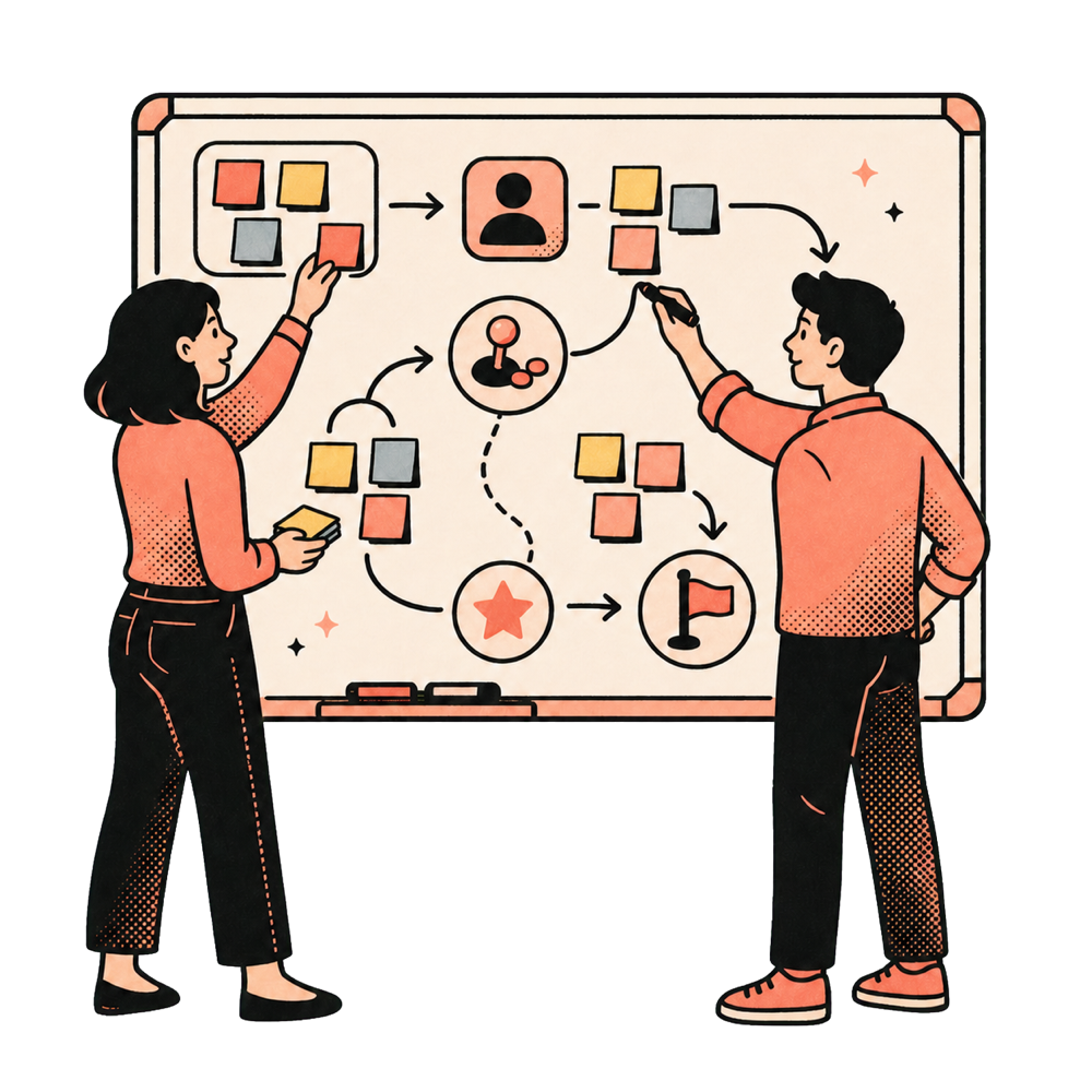 Two learning designers mapping a learning journey with sticky notes on a whiteboard