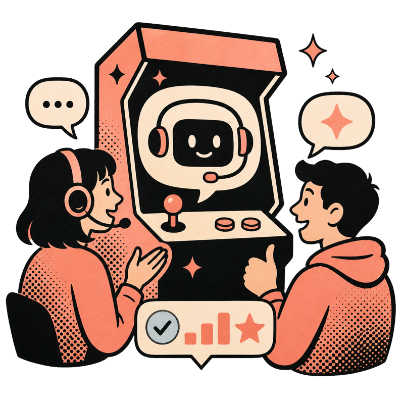 Learners practicing a coached conversation with an AI arcade machine