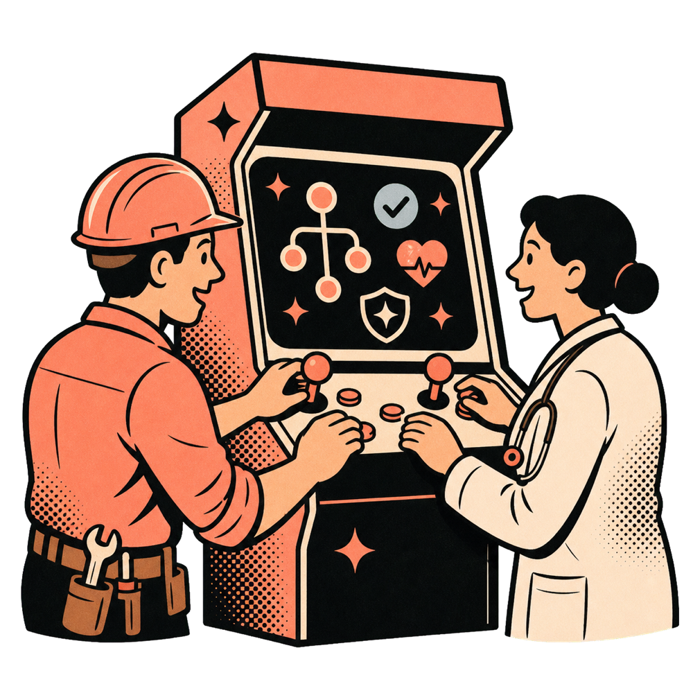 A construction professional and doctor practicing together at a training arcade