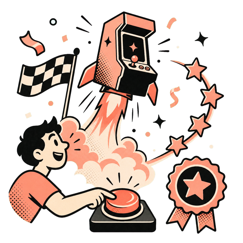 Arcade cabinet launching like a rocket after a learner presses start