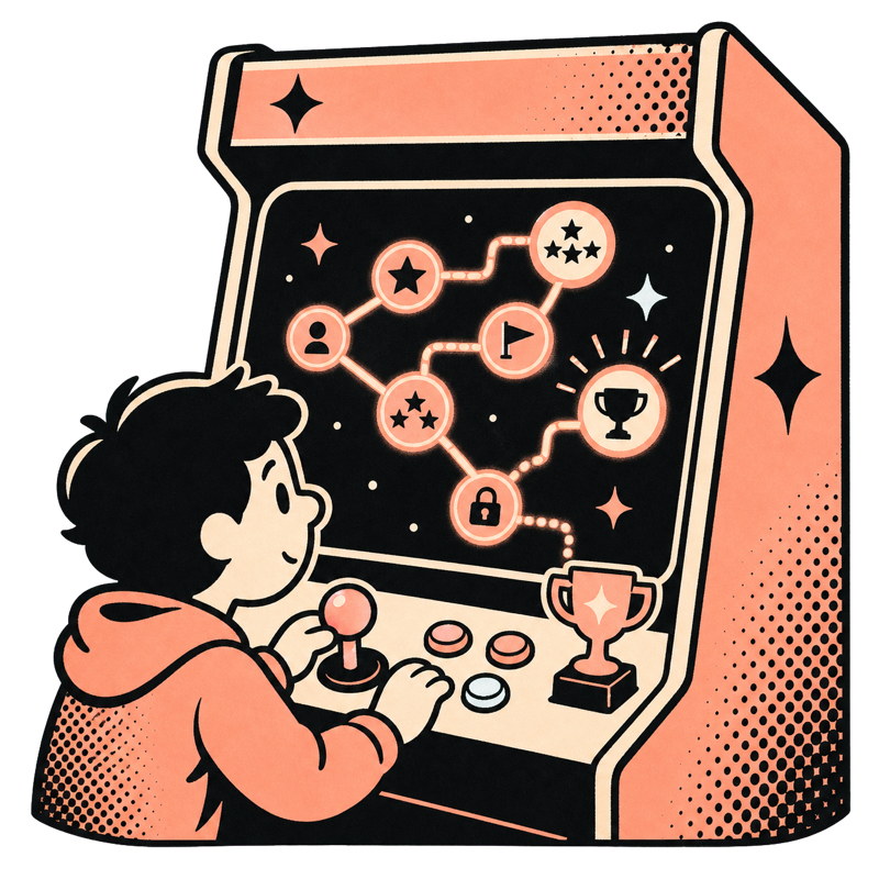 Learner exploring a branching skills map in an arcade cabinet