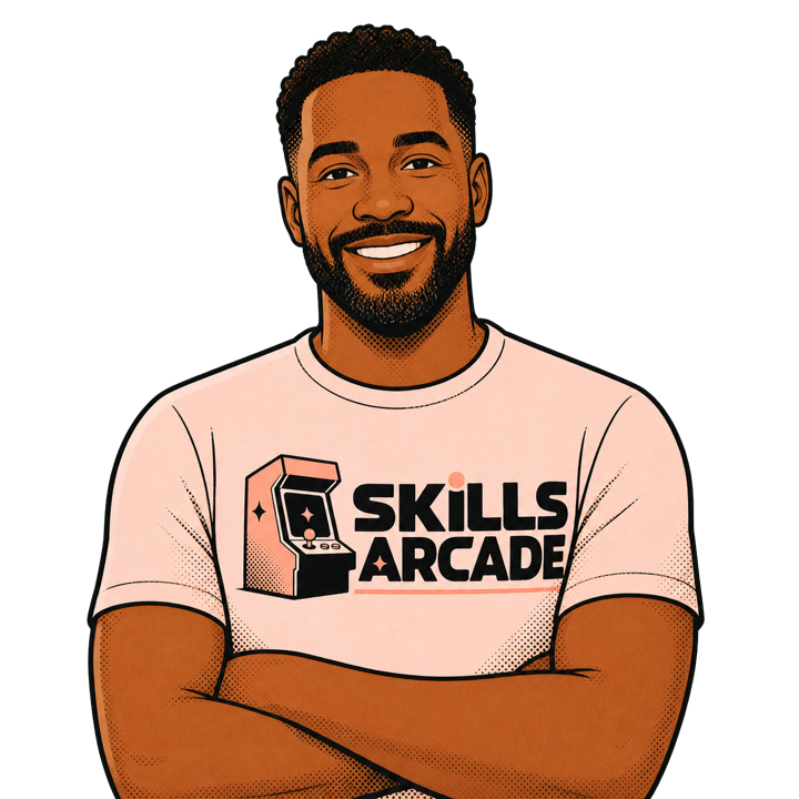 Illustrated Chief Learning Officer wearing Skills Arcade™ apparel
